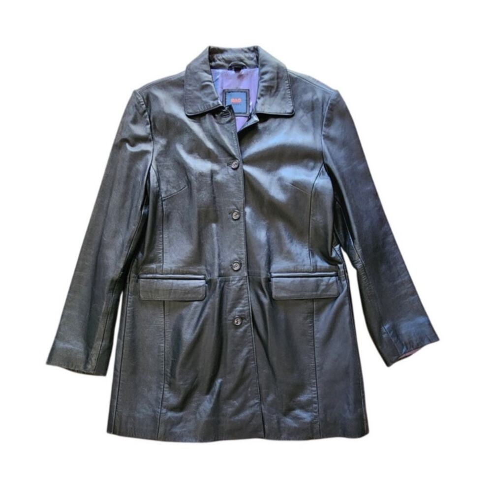Leather Y2K 90s Vintage R&O Reily Olmes Black Long Jacket Women Size Large